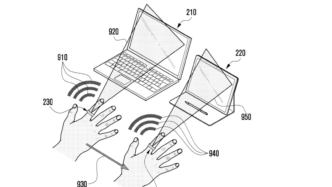 Arte de patente mostra Galaxy Ring enviando sinais para detectar a tela para qual o dedo aponta 