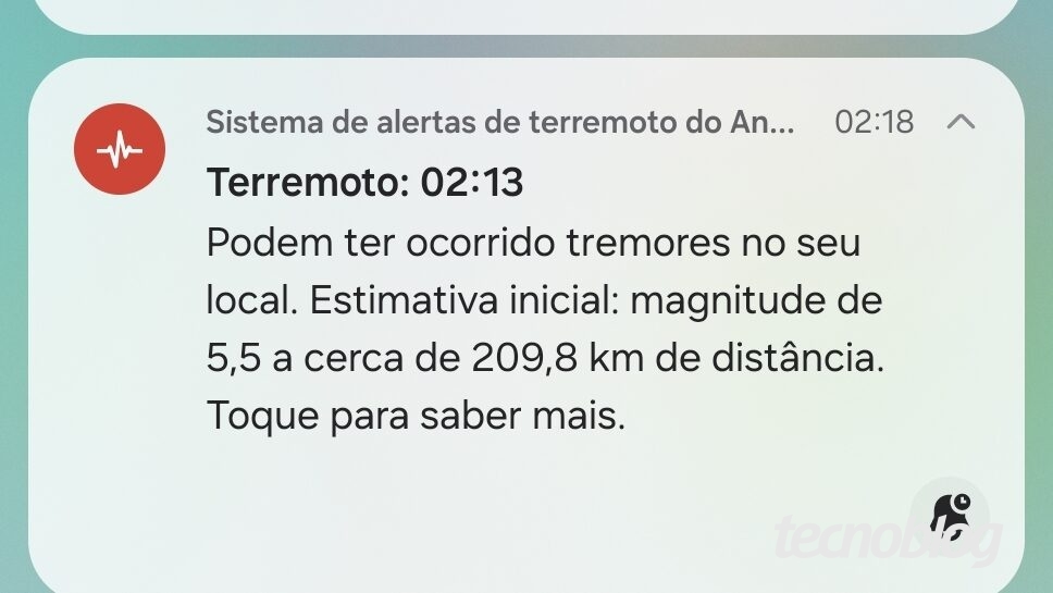 Print de aviso de terremoto no celular. Diz o seguinte: 