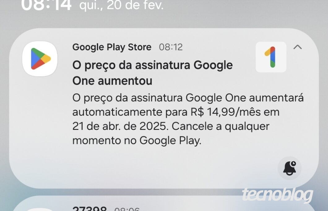 Print de notificação no celular que diz: "O preço da assinatura Google One aumentou Print de notificação no celular que diz: "O preço da assinatura Google One aumentou O preço da assinatura Google One aumentará automaticamente para R$ 14,99/mês em 21 de abr. de 2025. Cancele a qualquer momento no Google Play."