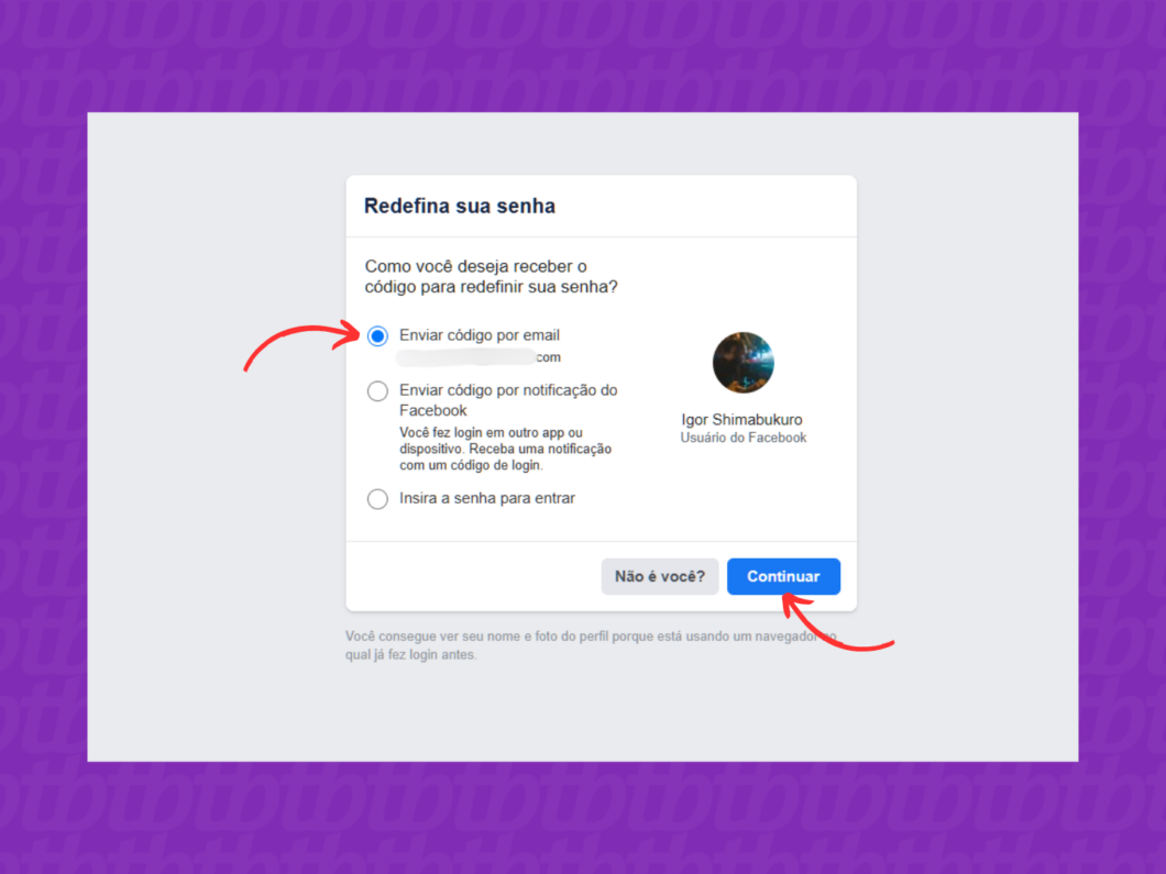 Solicitando o código do Facebook por e-mail ou celular