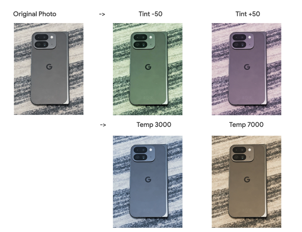 Comparação de uma foto original de um smartphone Google Pixel com diferentes ajustes de matiz e temperatura de cor. A imagem original mostra o celular em uma superfície listrada. A primeira modificação, 'Tint -50', adiciona um tom esverdeado, enquanto 'Tint +50' adiciona um tom rosado. Na parte inferior, 'Temp 3000' deixa a imagem com um tom mais frio e azulado, enquanto 'Temp 7000' adiciona um tom quente e amarelado.