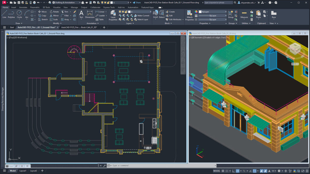 A imagem mostra a interface do AutoCAD com dois desenhos técnicos abertos: uma planta baixa em 2D e um modelo arquitetônico em 3D. O software exibe diversas ferramentas para edição e visualização de projetos. 