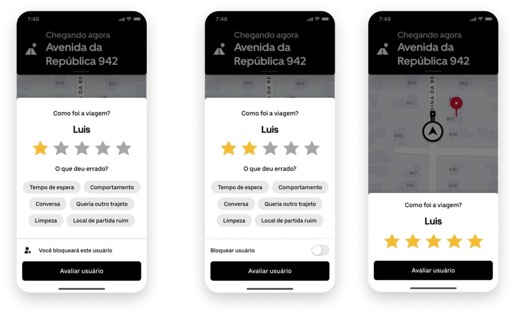 App da Uber mostrando avaliações com estrelas