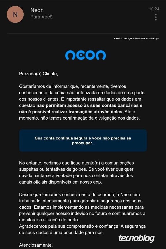 Email enviado pelo Neon aos clientes