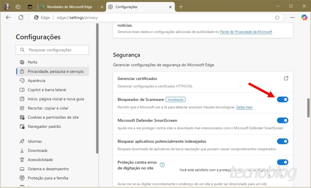 Configuração que ativa o bloqueador de scareware no Microsoft Edge