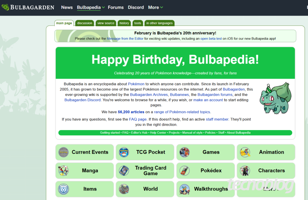 Captura de tela da tela inicial da Bulbapedia (imagem: Felipe Freitas/Tecnoblog)