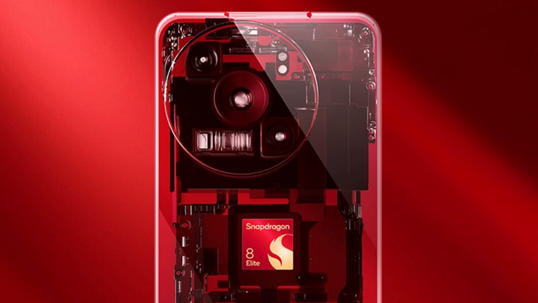 Ilustração mostrando o chip Snapdragon 8 Elite no interior de um celular