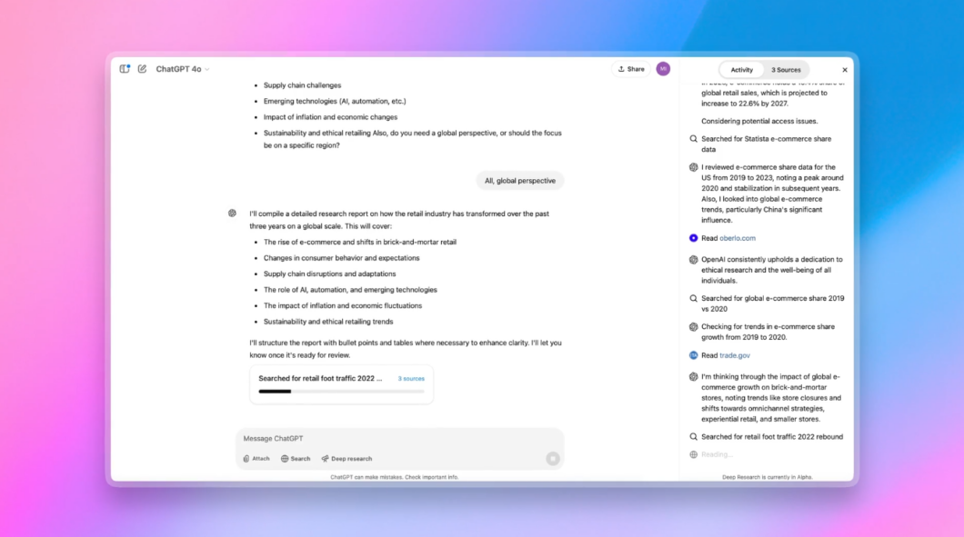 Tela mostrando Deep Research da OpenAI em funcionamento pesquisando sobre mudança no varejo