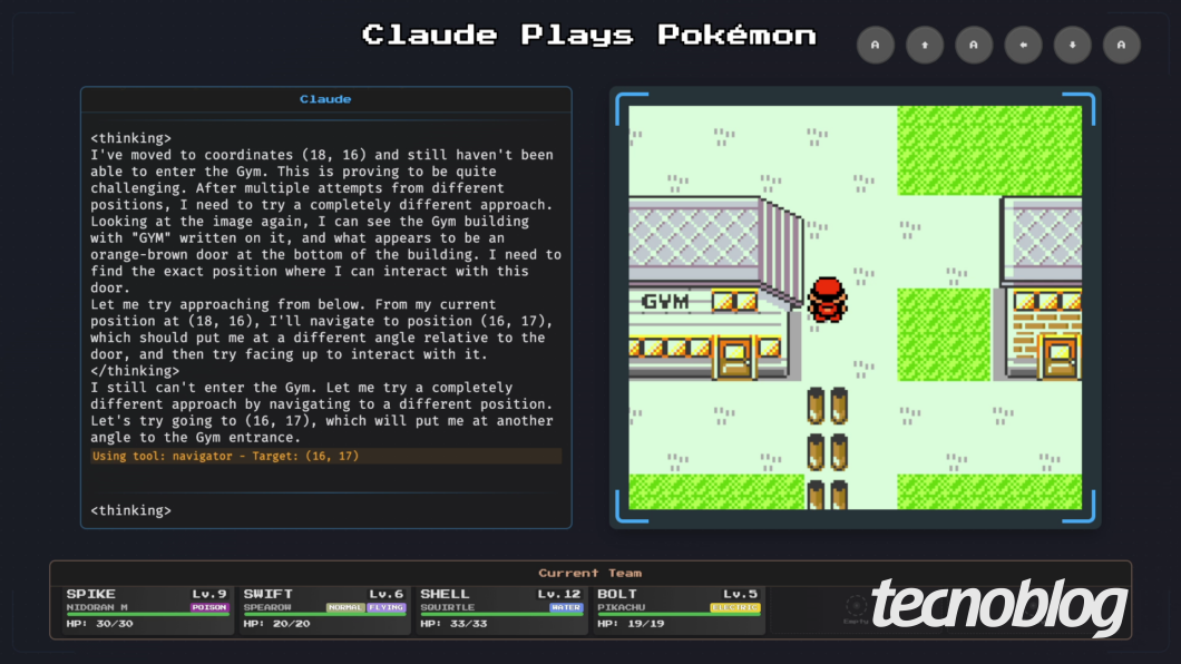 Tela da Twitch exibindo Pokémon Red e texto de raciocínio do Claude (imagem: Felipe Freitas/Tecnoblog)