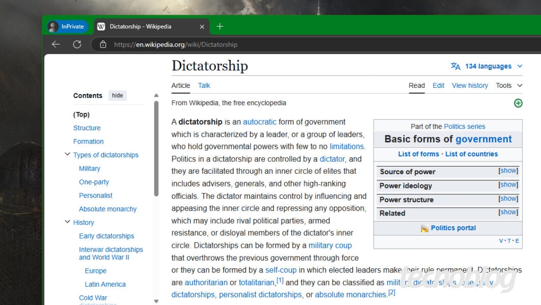 Página da Wikipédia sobre ditadura na língua inglesa (imagem: Felipe Freitas/Tecnoblog)