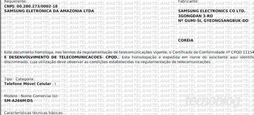 Documento de certificação do Galaxy A26 na Anatel (imagem: Felipe Freitas/Tecnoblog)