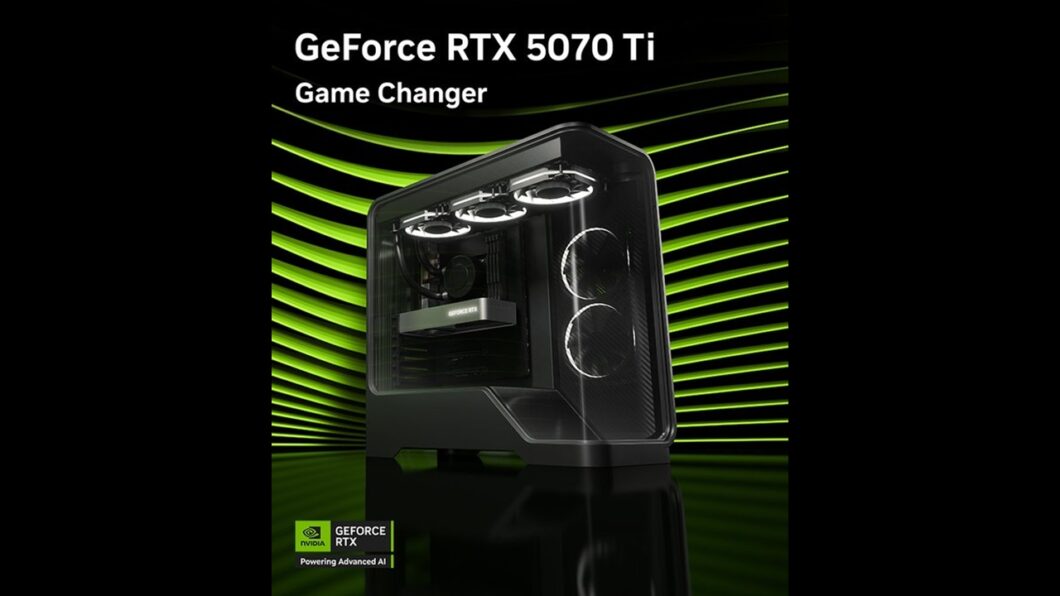 Imagem promocional mostrando um desktop com uma placa GeForce RTX 5070 Ti