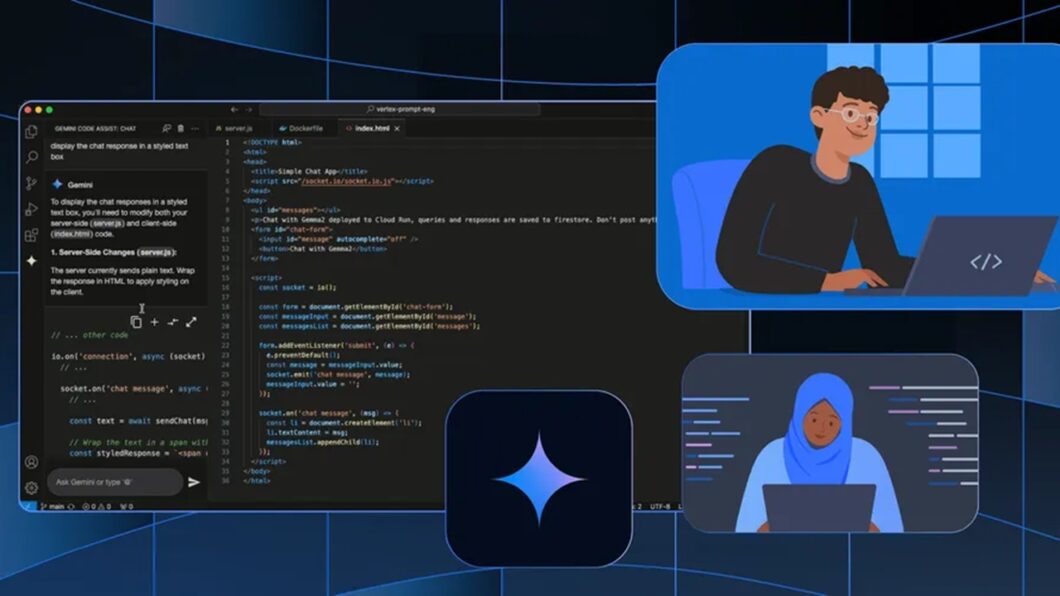 Imagem mostrando uma janela do Gemini Code Assist e dois programadores ao lado
