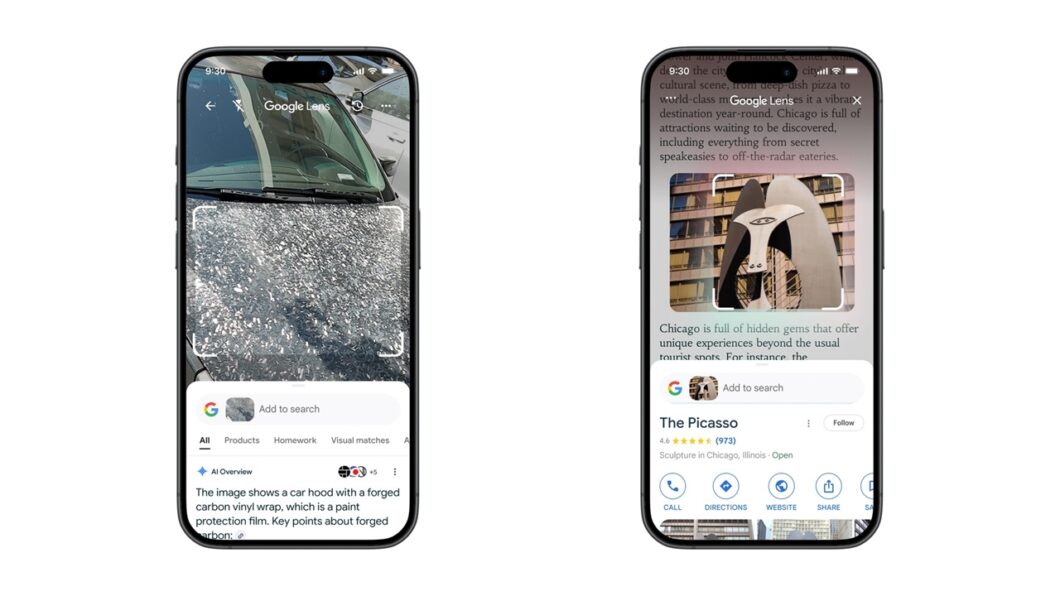 Um iPhone mostrando o Google Lens no app de busca, outro iPhone mostrando o Google Lens no Chrome para iOS