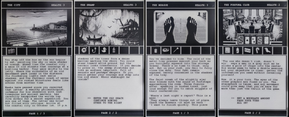 Capturas de tela de um gamebook para Ink Console