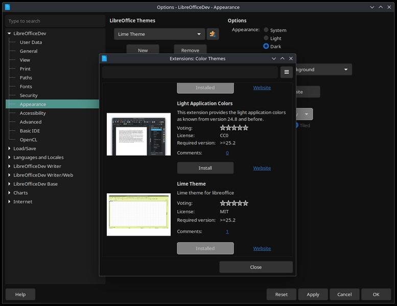 Tela de seleção de temas no LibreOffice