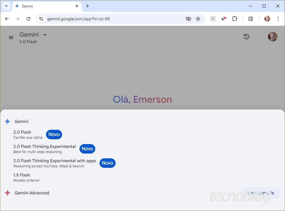 Google Chrome mostrando os modelos do Gemini na página do serviço
