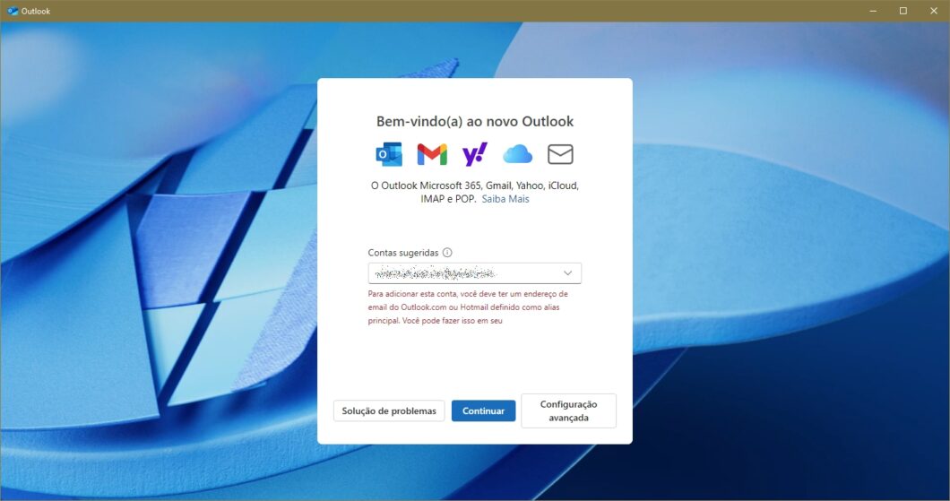 Tela de configuração inicial do novo Outlook no Windows 10