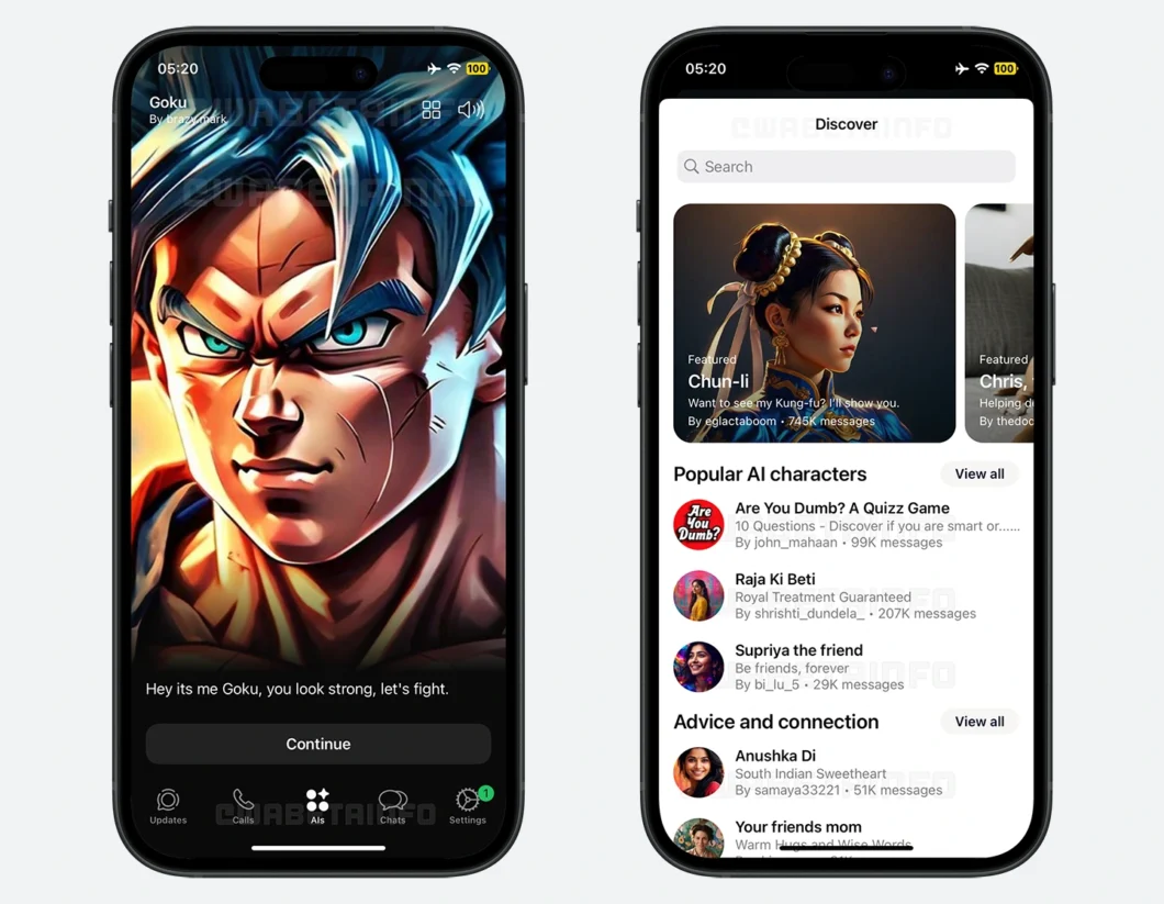 A imagem mostra duas telas de um aplicativo de IA conversacional. A primeira exibe um chat com Goku, com uma arte estilizada e um botão "Continue". A segunda tela mostra a aba "Discover", com uma barra de busca e sugestões de personagens de IA como Chun-Li, além de categorias populares.