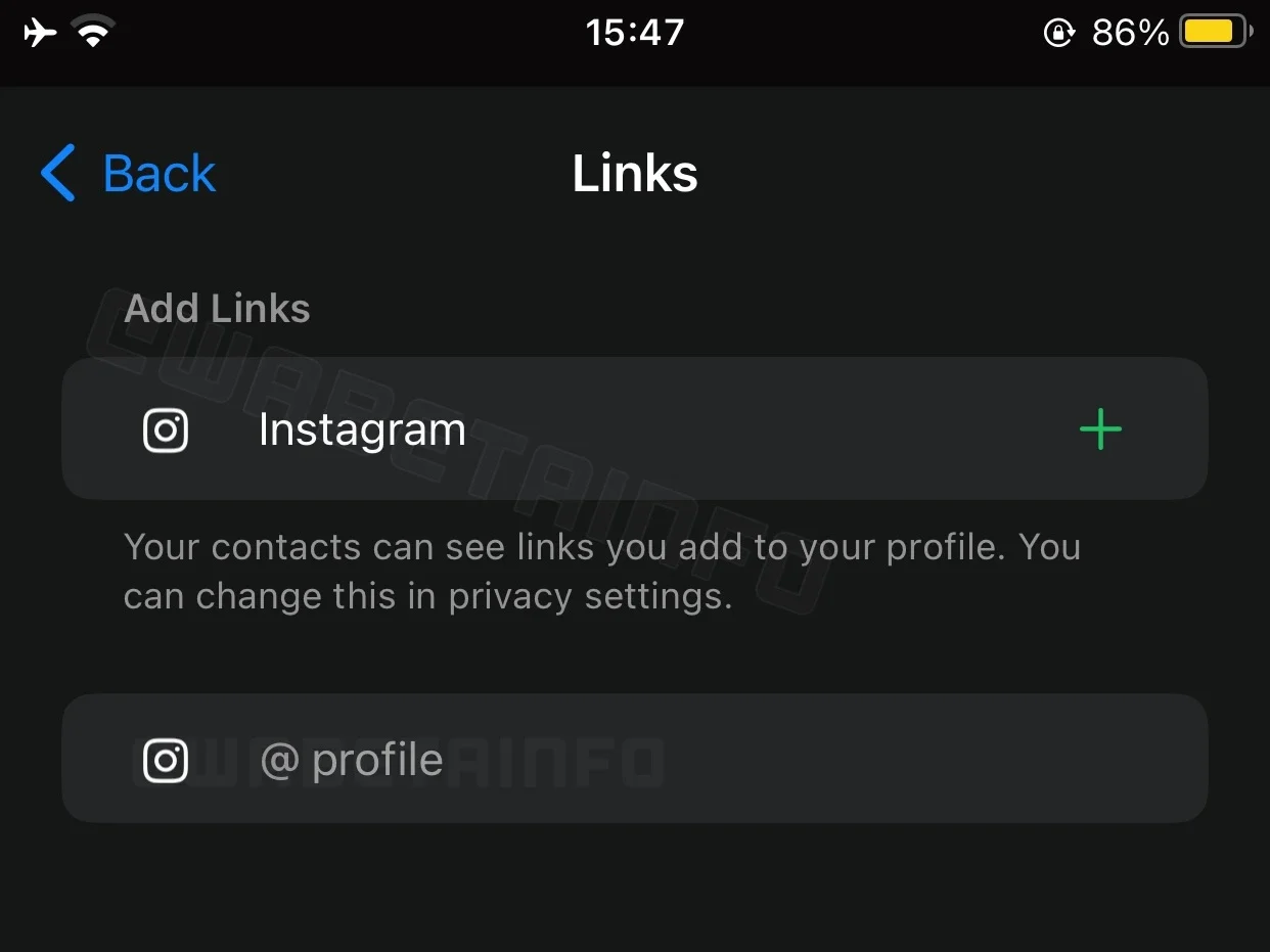 Print de tela do WhatsApp com título Links e botão para adicionar link para Instagram