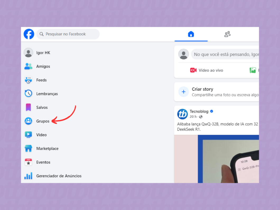 Acessando a guia de grupos do Facebook