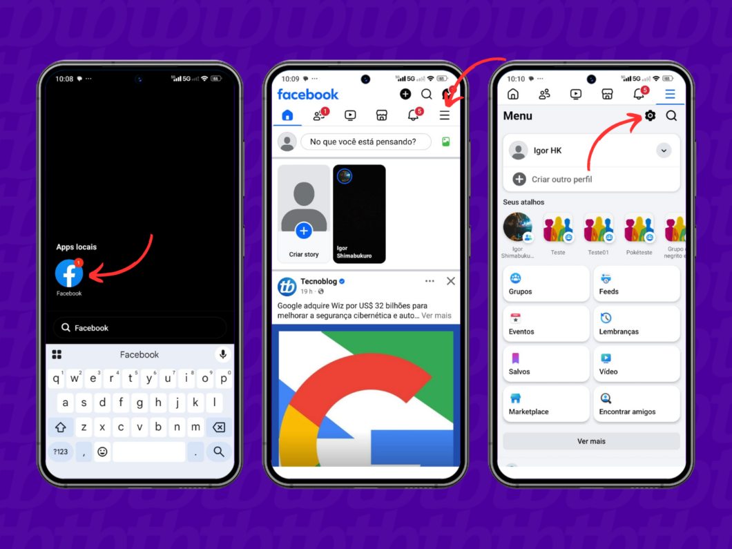 Acessando as configurações do Facebook pelo celular