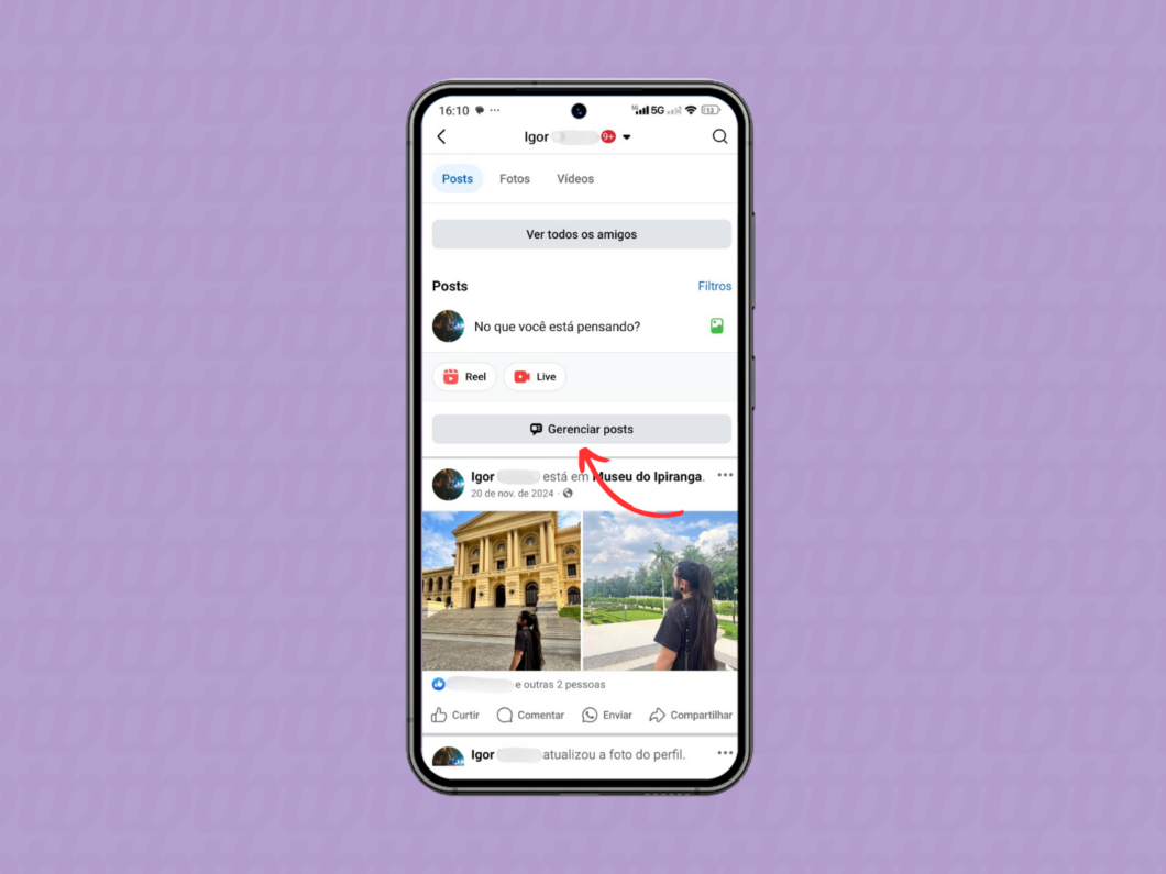 Acessando o gerenciamento de posts do Facebook
