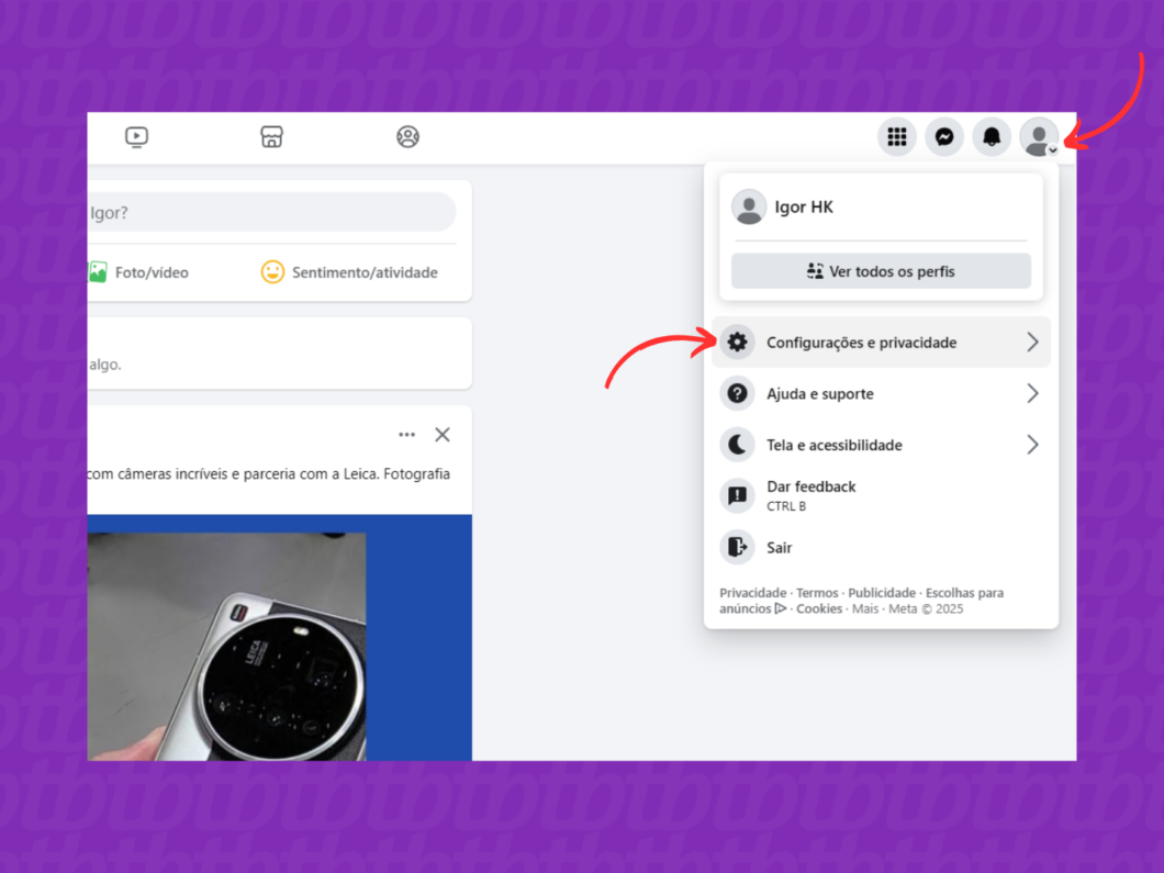 Acessando o menu de configurações do Facebook pelo PC