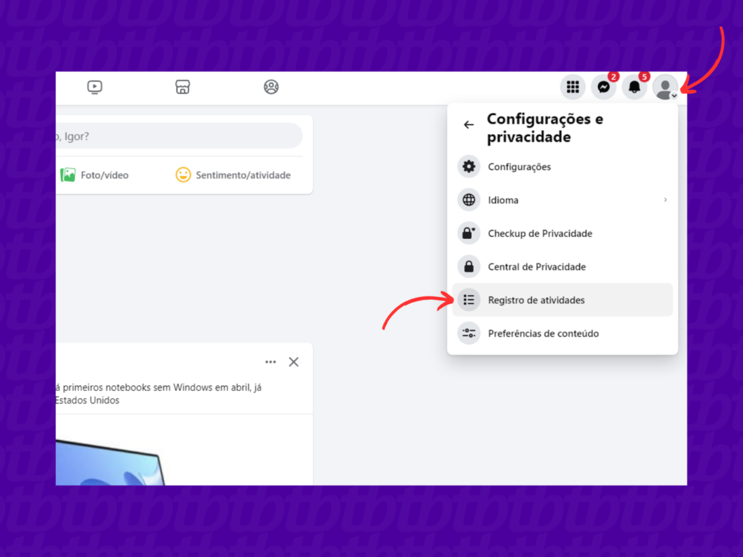 Acessando o registro de atividades do Facebook