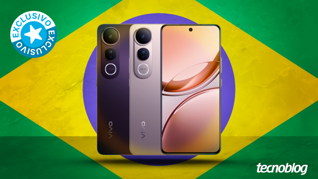 Imagem mostra três celulares Vivo Mobile lado a lado. Os dois primeiros com a parte traseira à frente, e o terceiro com a tela à mostra. Ao fundo, está a bandeira do Brasil. Na parte superior esquerda, está um símbolo de "Exclusivo".