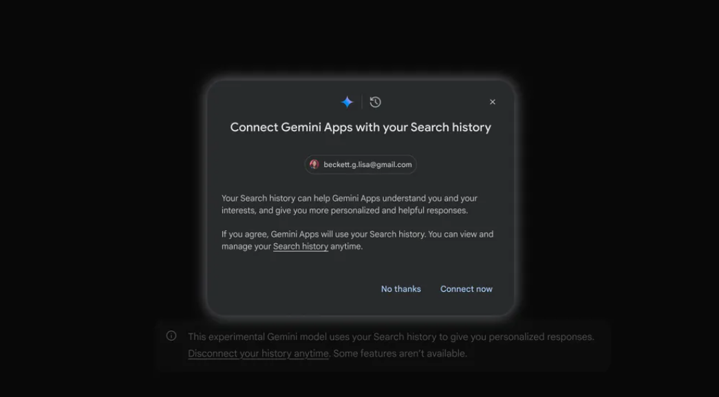 Captura de tela mostra nova funcionalidade do Google Gemini para acessar o histórico de navagação do usuário.