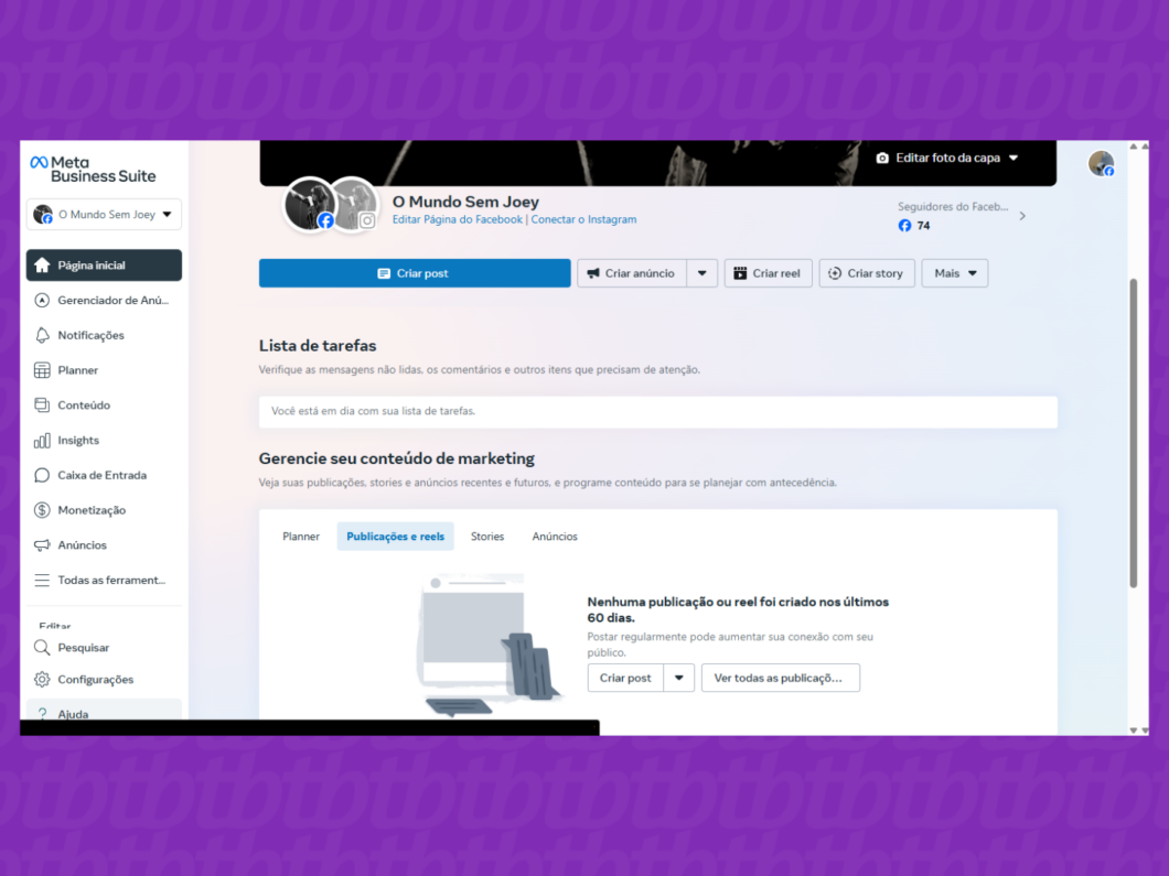 Página inicial do Meta Business Suite