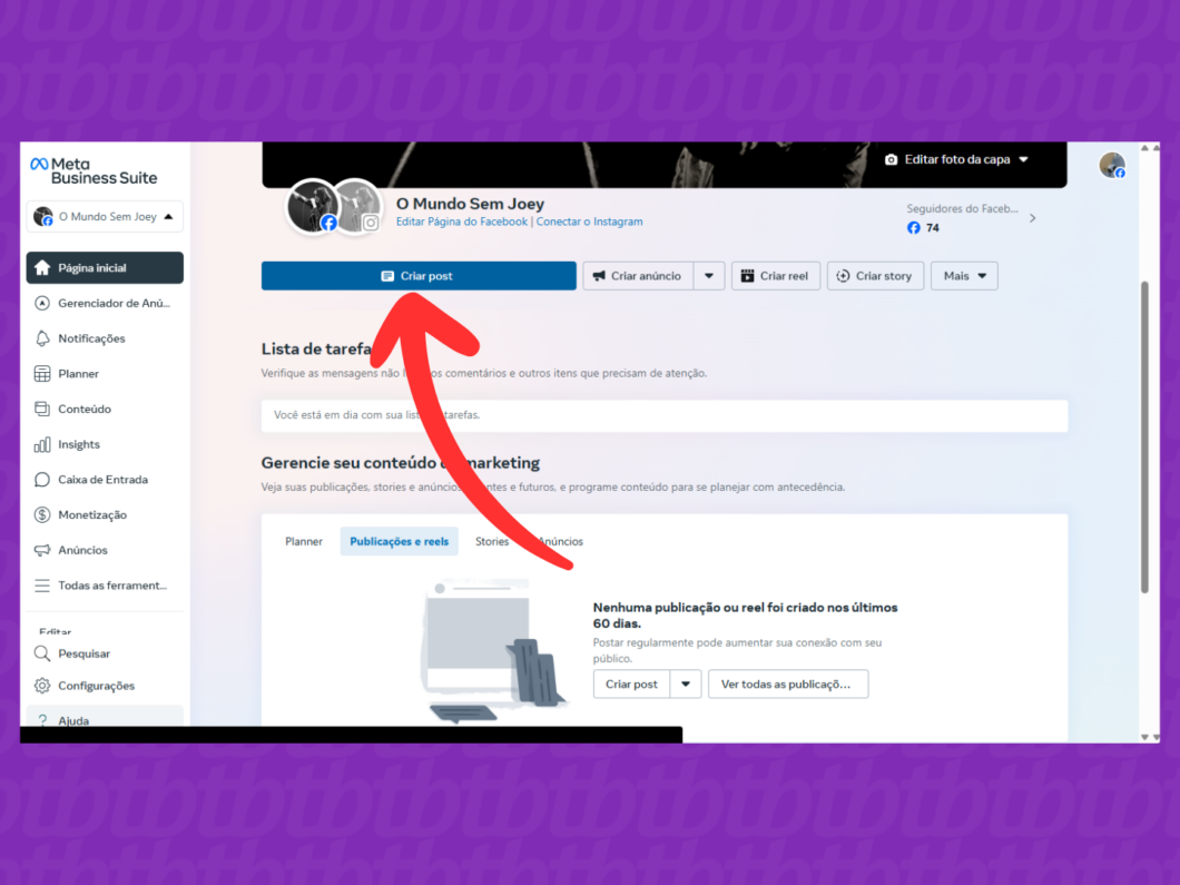 Acessando a opção "Criar post" na página do Facebook