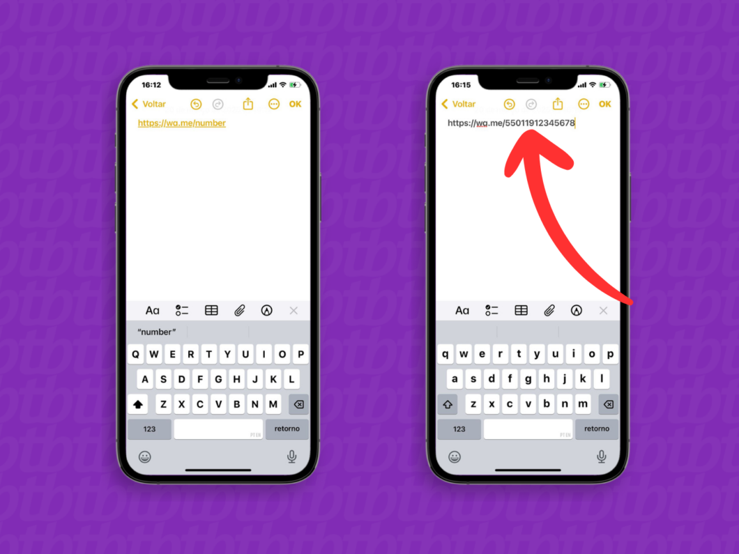 Editando o link wa.me no bloco de notas com o número do WhatsApp