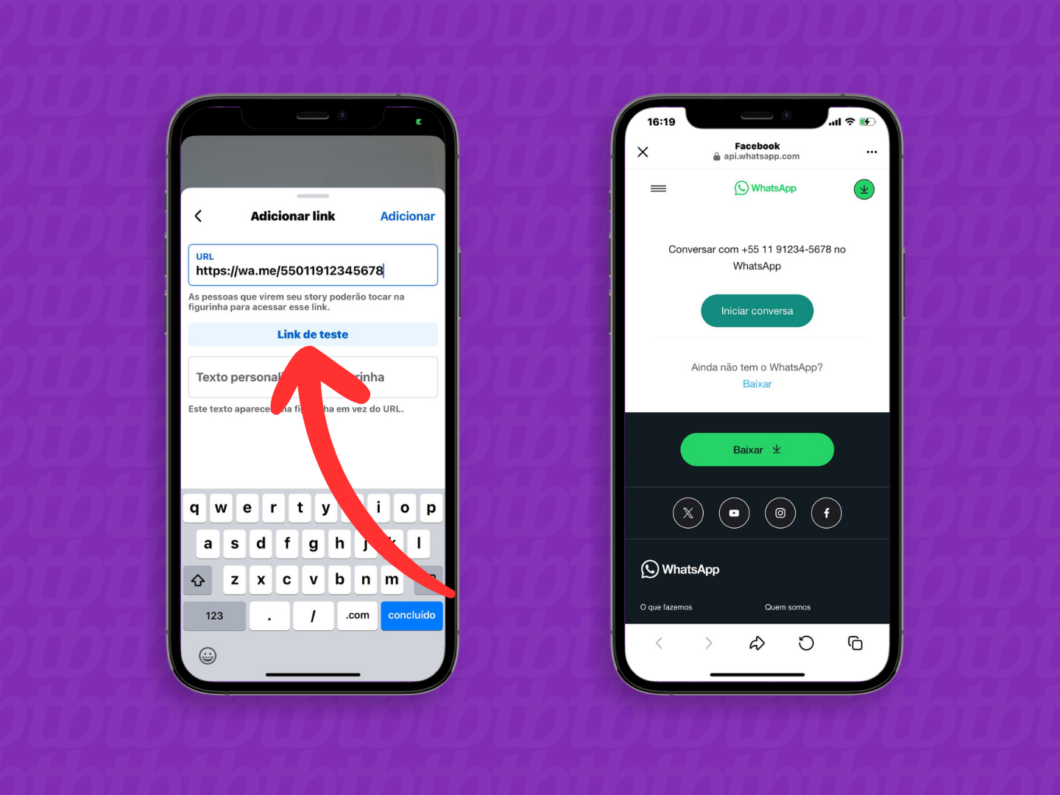 Testando o link do WhatsApp no story do Facebook