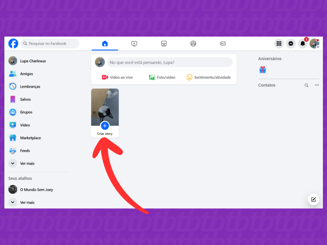 Acessando a ferramenta "Criar story" do Facebook