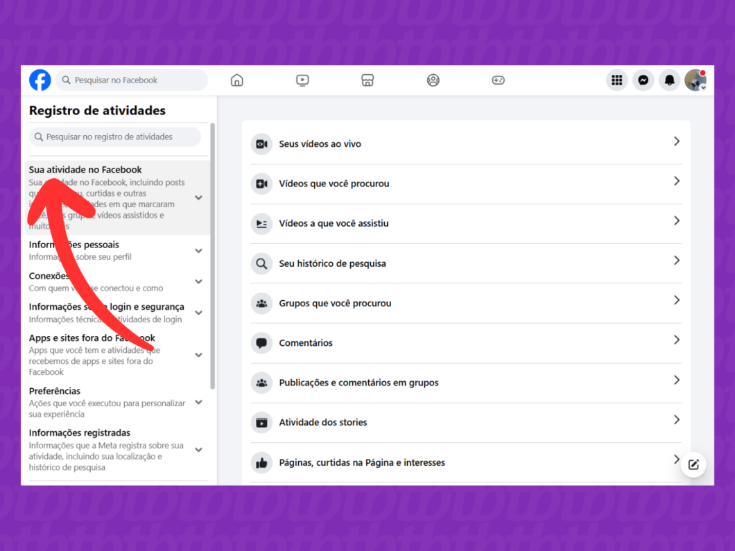 Selecionando "Sua atividade no Facebook"