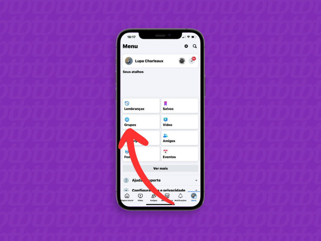 Abrindo o menu "Grupos" do Facebook