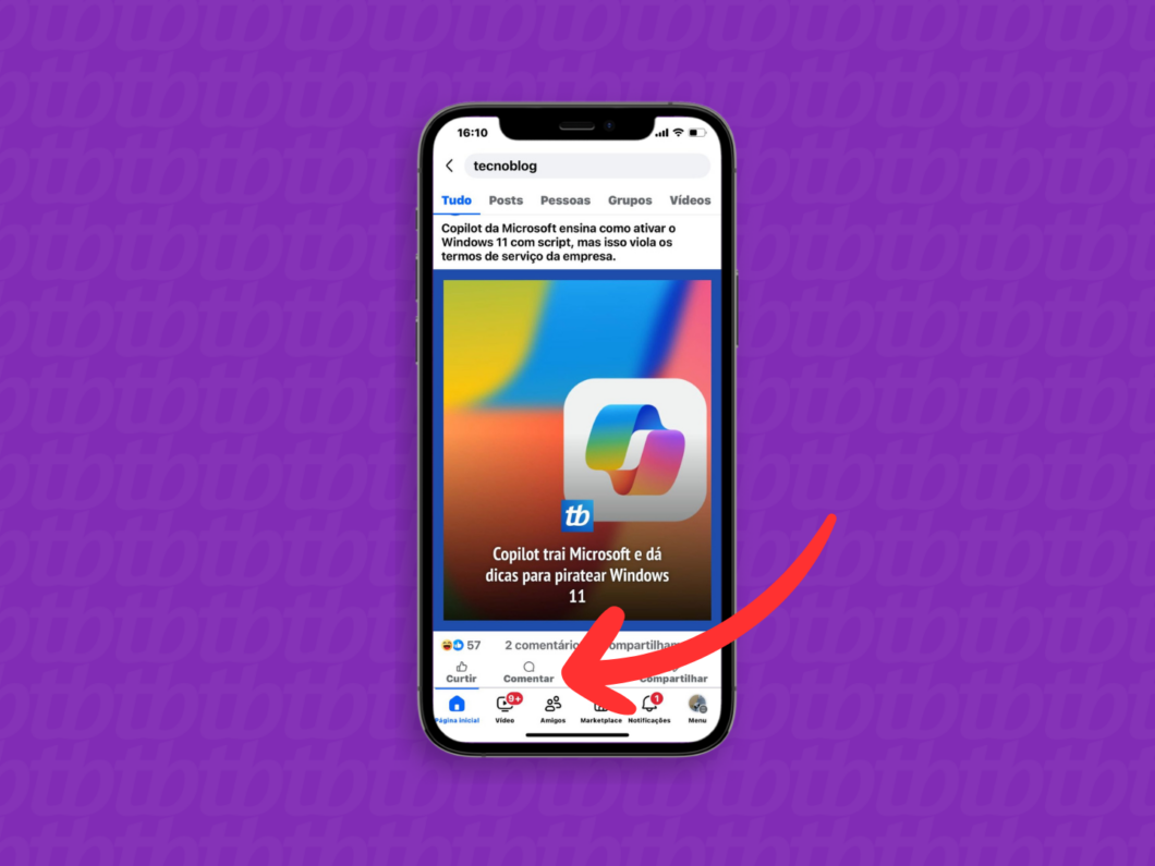 Abrindo a opção "Comentar" em uma publicação do Facebook