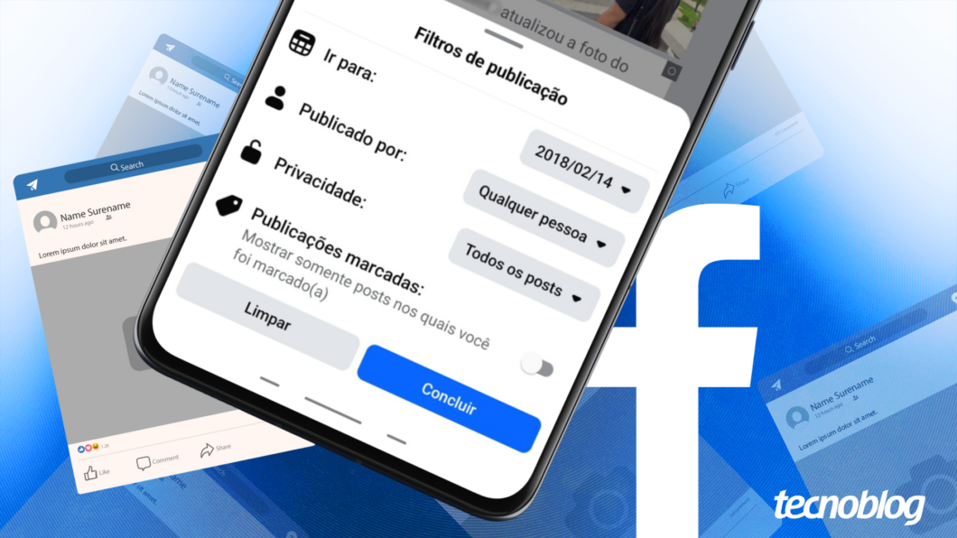 Ilustração de busca por posts antigos no Facebook