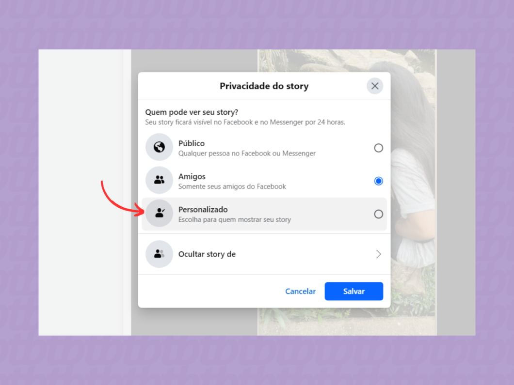 Configurando o story do Facebook como "Personalizando"