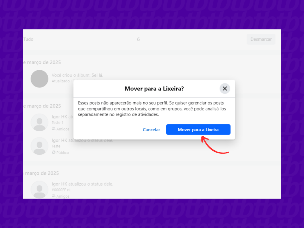 Confirmando a exclusão de todas as fotos ou posts do Facebook de uma vez