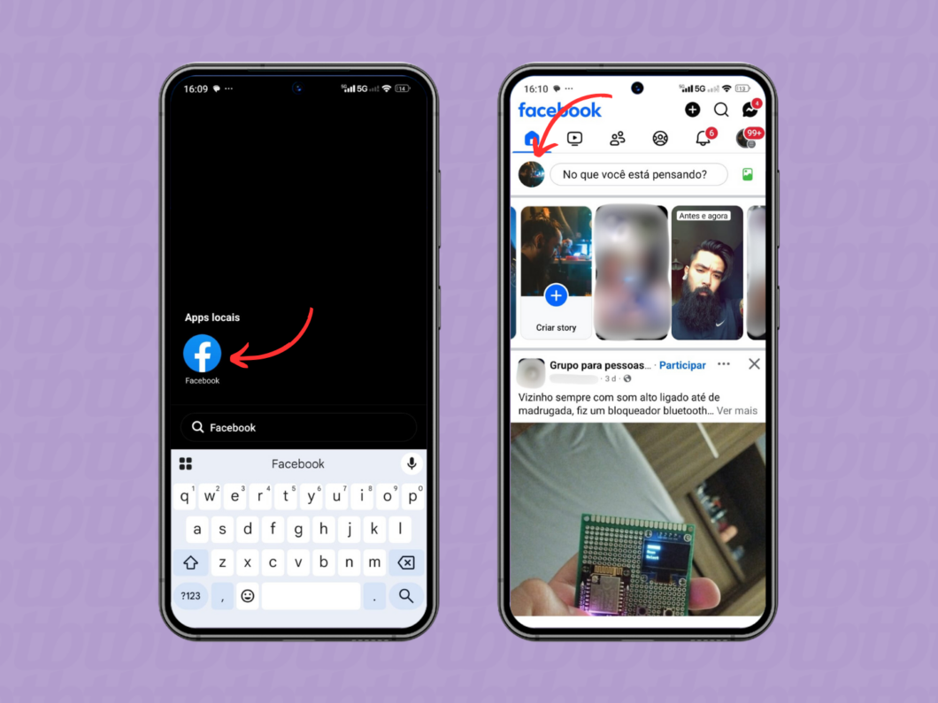 Entrando na página de perfil do Facebook pelo celular