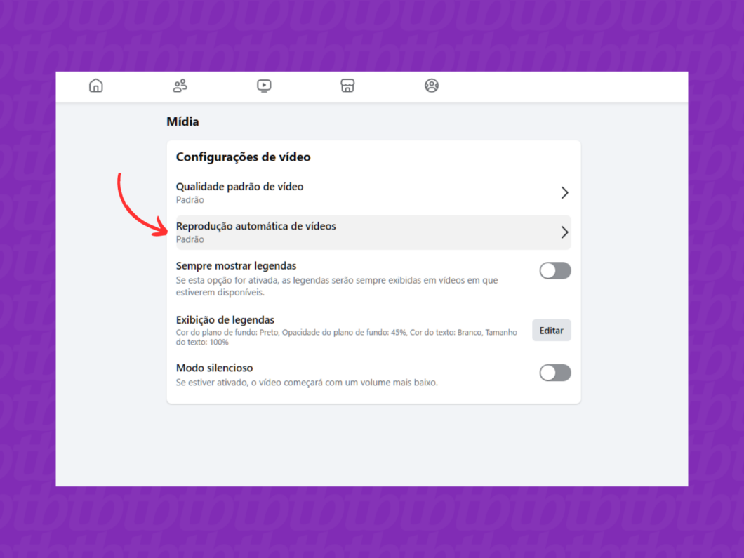 Entrando nos ajustes de reprodução automática de vídeos do Facebook