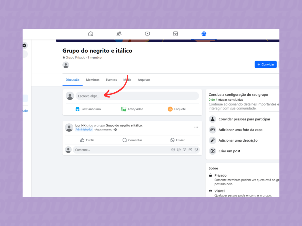 Iniciando uma nova publicação no grupo do Facebook