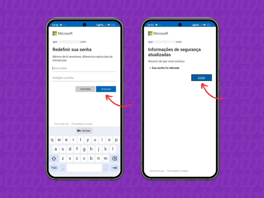 Redefinindo a senha do Outlook pelo celular