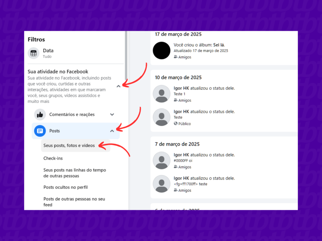 Verificando a lista de posts, fotos e vídeos do Facebook