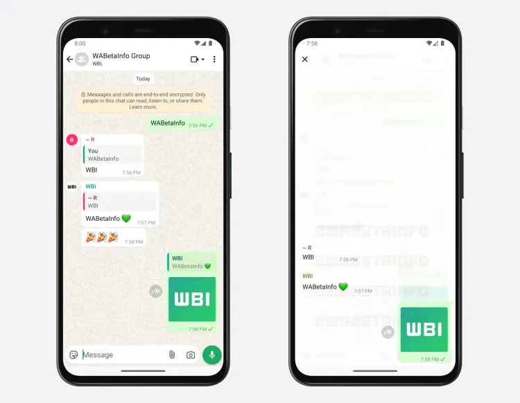 Captura de tela mostra dois celulares com o WhatsApp aberto. O primeiro tem uma tela com um grupo aberto e uma troca de mensagens. O segundo mostra a aba que surge ao clicar em uma mensagem, abrindo um novo grupo com todas as mensagens que interagem com a primeira diretamente.