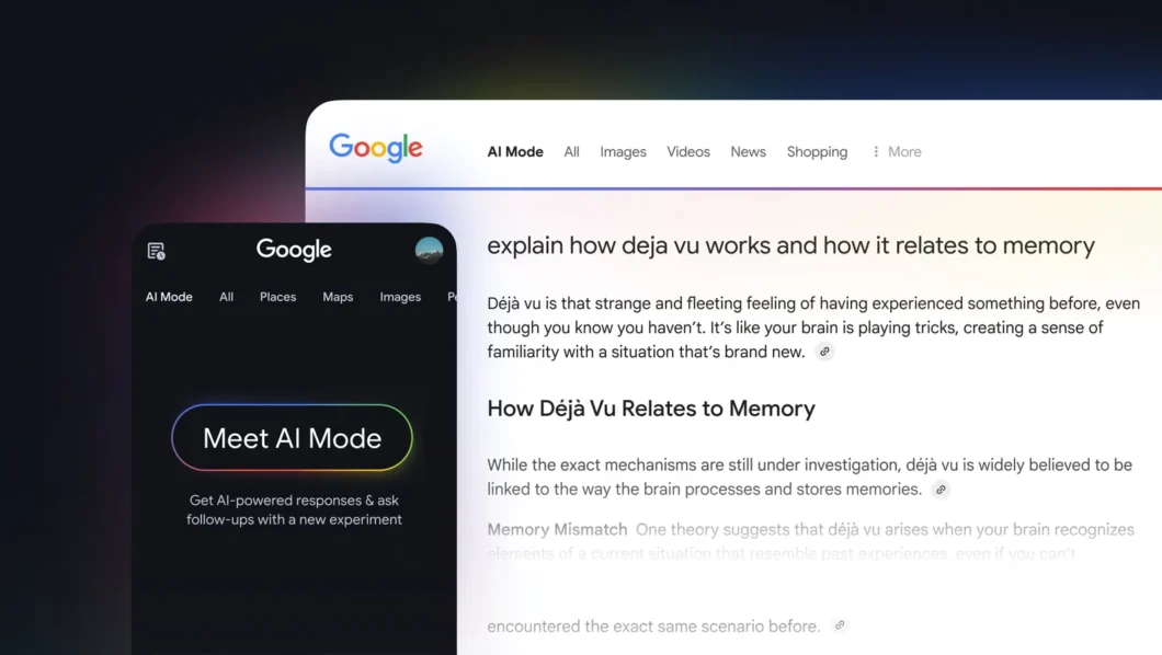 Tela do AI Mode no aplicativo do Google ao lado da aba do AI Mode na página web (imagem: divulgação)