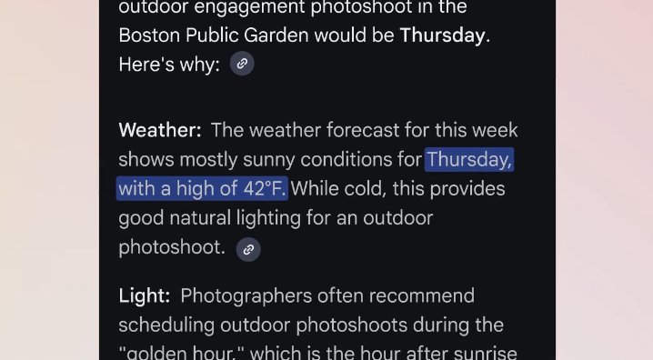 AI Mode do Google responde sobre melhor dia para um ensaio de casamento no jardim público de Boston (imagem: divulgação)
